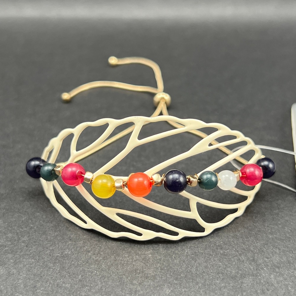 Boho Bracelet Cream Gold Tone Multicolor Filigree Leaf Adjustable